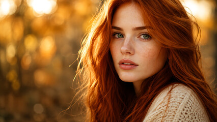 Fototapeta premium Beautiful young woman with long red hair and freckles in golden sunlight portrait