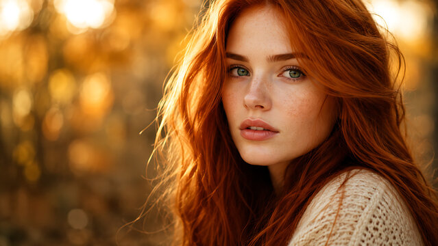 Beautiful young woman with long red hair and freckles in golden sunlight portrait