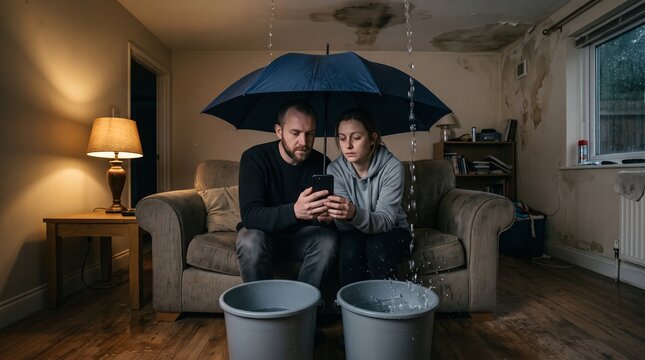 Young white couple using smartphone under umbrella inside flooded living room during home water leak emergency and storm damage cleanup
