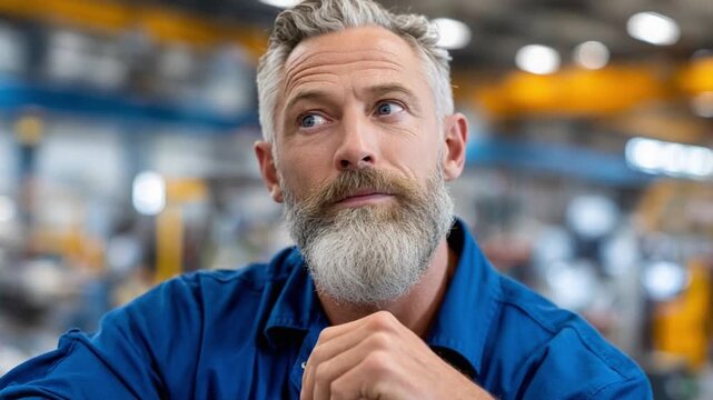 Thoughtful Industrialist: A seasoned craftsman with a distinguished grey beard and focused gaze ponders a complex problem, hands clasped thoughtfully, amidst the industrial backdrop of a workshop.