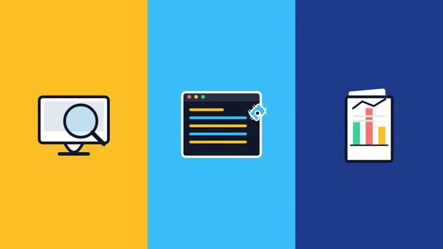 Flat design icons representing data search, software debugging, and business reporting.