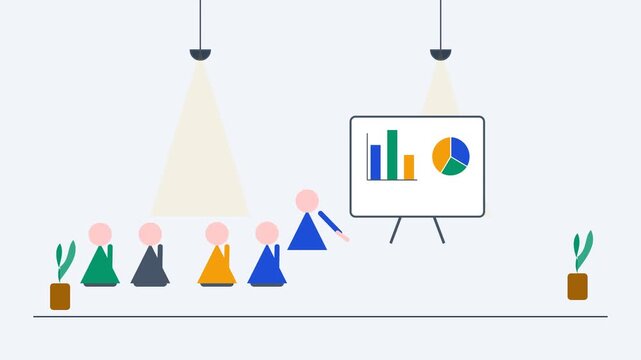 Flat illustration of a business presentation with charts and an audience.