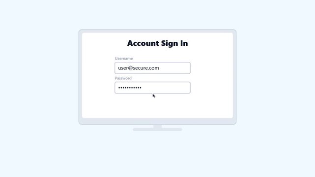 Animated sequence showing a secure account login process with two-factor authentication on a computer screen.