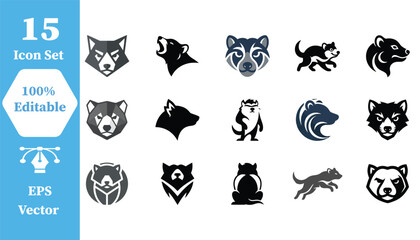Fototapeta premium Set of various bear head icons and silhouettes with wildlife, silhouette