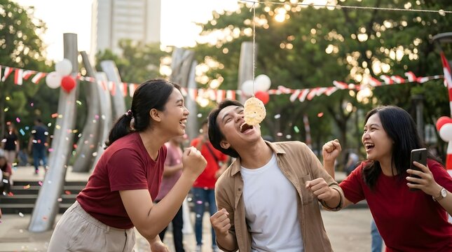 Friends laughing during Indonesian Independence Day cracker eating contest.