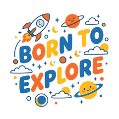 Fototapeta premium Outer Space Rocket Planet Moon Star Galaxy Vector Illustration for Kids Apparel Nursery Wall Art and Educational Poster Design