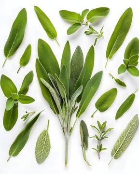 sage top view herb layout isolated on white background