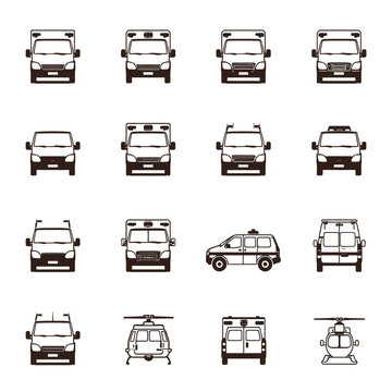 Delivery vans and emergency vehicles front and rear view set icons flat outline design style.