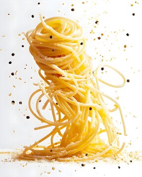 spaghetti falling dynamic pasta shot isolated on white background
