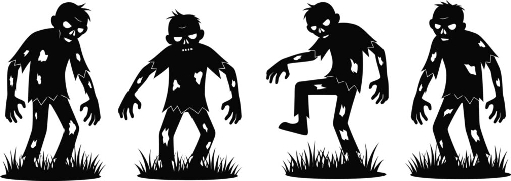 Zombie silhouette set, walking undead monsters, 4 horror vector icons isolated on Transparent Background