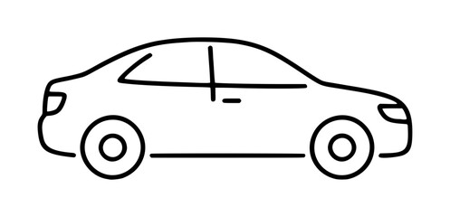 Fototapeta premium A clean black line art vector icon of a sedan car viewed from the side, symbolizing transportation, commuting, and automotive travel in a simple, editable, and scalable graphic style for modern