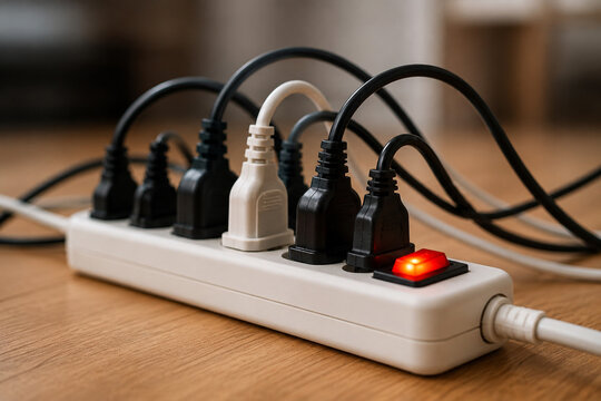 Overloaded power strip with multiple plugged electrical devices creating electrical fire risk at home