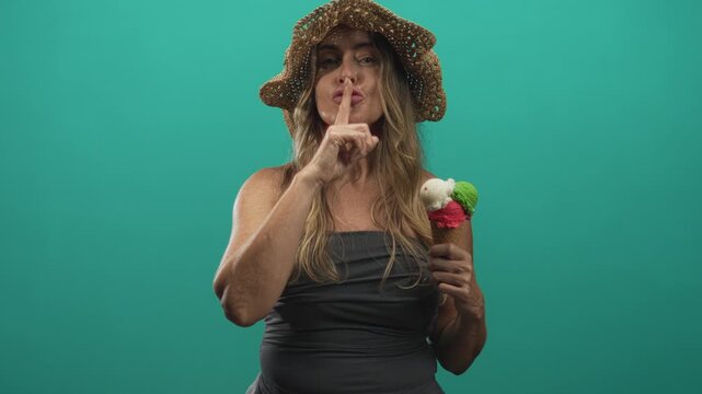 Middle aged woman wearing straw hat holding triple scoop ice cream cone, finger to lips for silence in studio; secrecy summer.