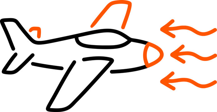 Airplane flying into arrows headwind and aerodynamic drag icon