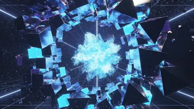 Abstract Geometric Deconstruction and Recomposition of a Glowing Sphere in a Futuristic Cyberpunk Space with Neon Grid Lines