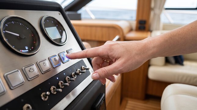 A hand reaches out to press a button on the boat control panel. The interior of the boat shows wood and leather with soft sunlight. The boat is moving on the water