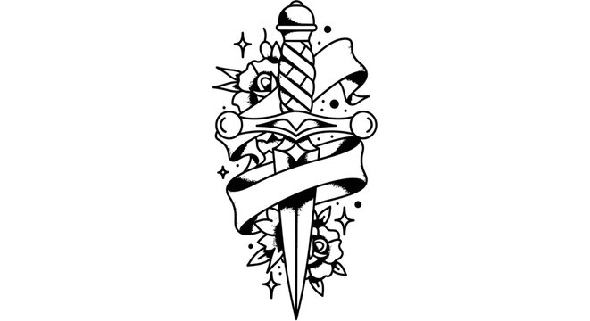 Traditional tattoo style dagger with roses and banner