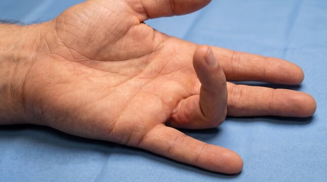 Hand with trigger finger condition. Patient showing locked finger joint medical symptom.