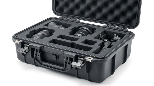 Black hard protective camera gear case with foam inserts for storing professional photography tools. impact-resistant packaging
