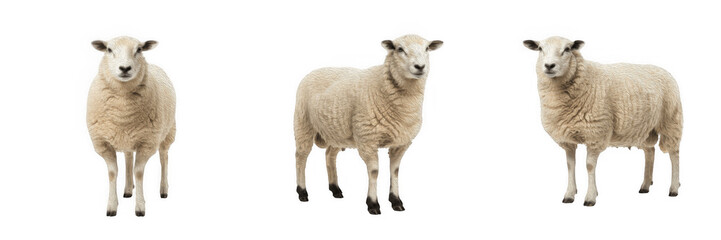 Obraz premium Fluffy white sheep and farm animals isolated on transparent background set, wool livestock and rural agriculture design elements PNG
