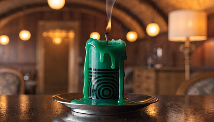 Fototapeta premium Lit green wax pillar candle featuring geometric black patterns resting upon a metal plate surface with emitting thin wisp smoke dimly lit room