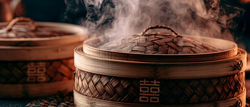 Steaming bamboo dim sum baskets with lids close up food photography steamer basket woven cuisine asian chinese dumplings close up culinary gastronomy traditional cooking
