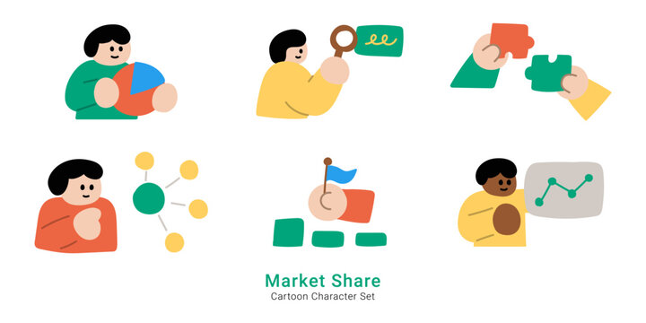 Business market share and growth concepts. Cute cartoon characters analyzing pie chart, connecting puzzle pieces, tracking growth graph, and setting goals.