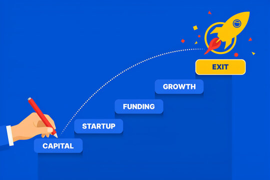 Startup Funding Growth Capital Investment Business Success Rocket Launch Financial Strategy Innovation Entrepreneurship Progress Exit Concept Illustration