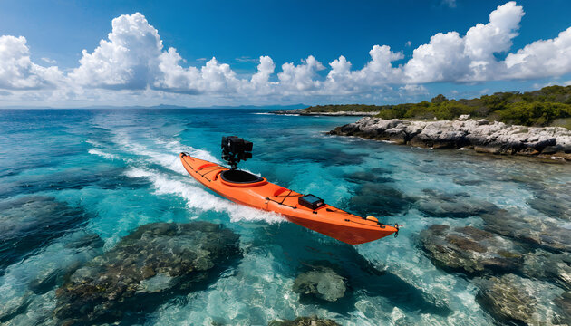 Bright orange kayak navigating crystal clear tropical waters near rocky shoreline under sunny blue sky with through vibrant turquoise kayak equipped camera