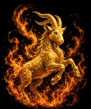 Golden Fiery Goat Rearing Up Surrounded by Flames and Fire Sparks on Black Background, Zodiac Capricorn Chinese New Year Concept