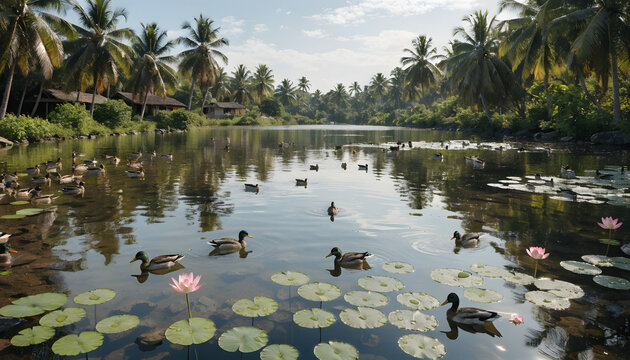 Serene tropical pond landscape featuring swimming ducks among blooming pink lotus flowers with peaceful pond surrounded small dwellings with surrounded lush palm
