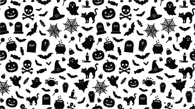  Spooky Halloween seamless pattern vector background featuring black silhouette pumpkin ghost skull cat and bat icons on white