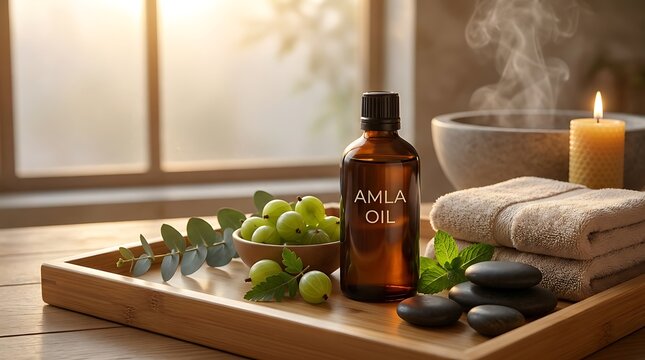 Bottle of amla oil with fresh gooseberry fruit and spa accessories on a wooden tray in a sunny room. amla oil