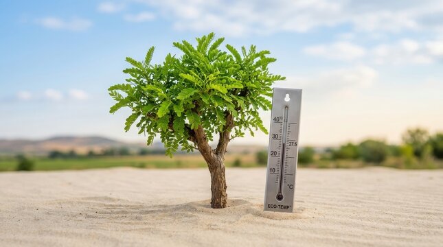 Small tree in sandy soil with thermometer showing high temperature on sunny day , El Ni&ntilde;o