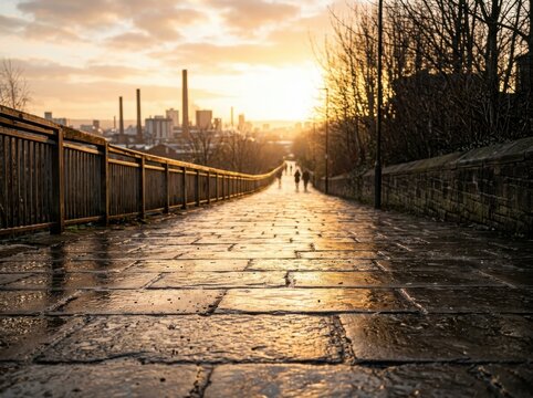Serene stone path walkway at sunrise with city skyline background , El Ni&ntilde;o