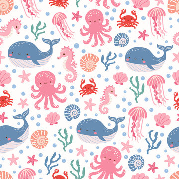 Cute ocean animals seamless pattern with whale, octopus, jellyfish, seahorse, crab, shells and starfish. Playful underwater animals vector design for nursery, wrapping paper, textile, fabric.