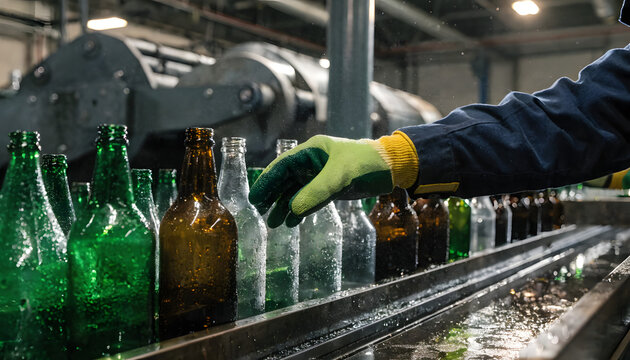 Industrial worker wearing safety gloves guiding wet glass bottles along a moving production conveyor belt with industrial assembly line gloved hand monitoring
