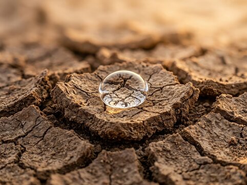 Drought-stricken dry earth with a single water droplet in a cracked landscape , El Ni&ntilde;o
