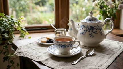 Fototapeta premium Cozy Tea Time by Window: Steaming Cup, Teapot, Biscuits & Garden View
