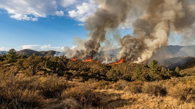 Raging wildfire spreading through dry forest landscape on a sunny day , El Ni&ntilde;o