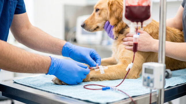 A golden retriever lies on a table at a veterinary clinic. Two staff members carefully connect an IV for a blood transfusion while providing care