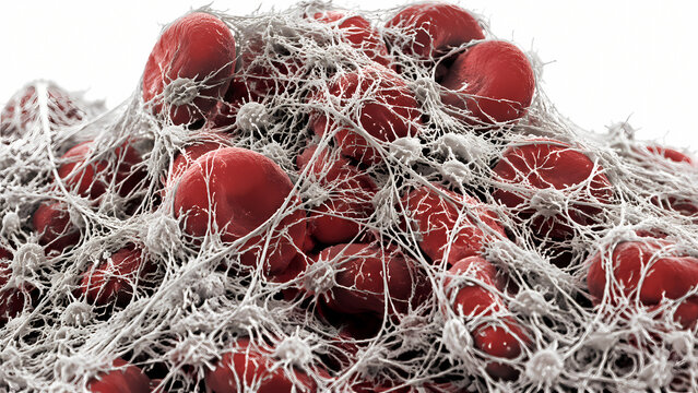 Microscopic 3D view of blood clot showing red blood cells trapped in dense fibrin network
