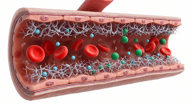 3D anatomical cross section of blood vessel lumen showing glycocalyx layer and blood cells
