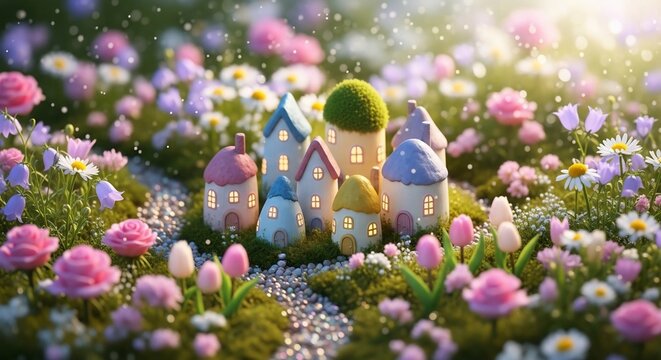 Miniature village in a flower garden