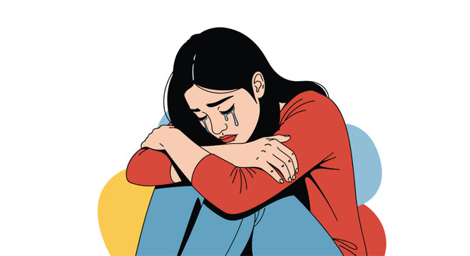 Sad young woman sitting with her head on her arms while crying and feeling lonely against a colorful background.