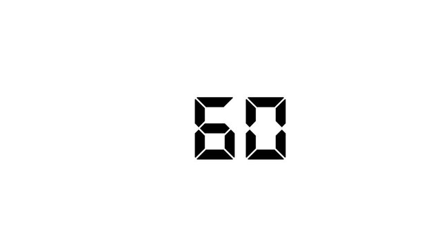 Digital countdown timer with 0 to 60 display counting down black background 4k motion video.