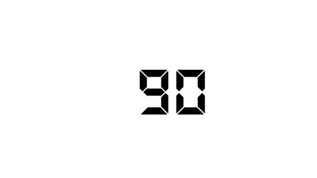 Digital countdown timer with 0 to 90 display counting down black background 4k motion video.