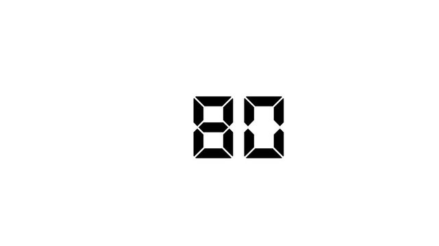 Digital countdown timer with 0 to 80 display counting down black background 4k motion video.