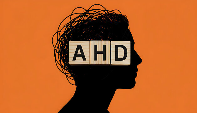 A black paper cut human head silhouette filled with tangled wires and ADHD wooden letter blocks illustrating mental health on an orange background.