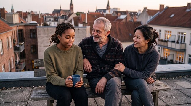 Drei Freunde verschiedener Generationen sitzen bei D&auml;mmerung auf einer Holzbank auf einer Dachterrasse &uuml;ber der Stadt